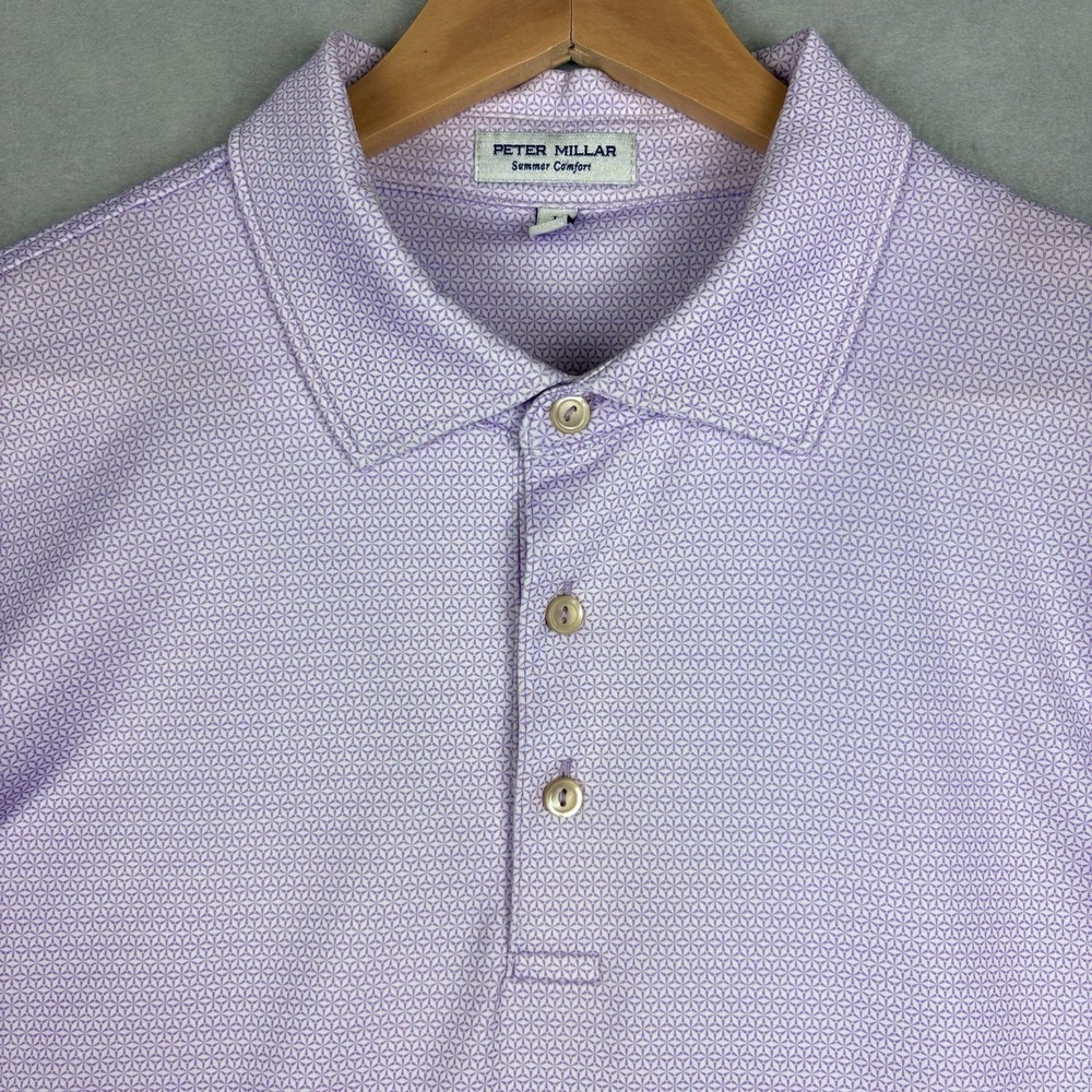 Peter Millar Summer Comfort Polo Mens Large Purple White Geometric Performance